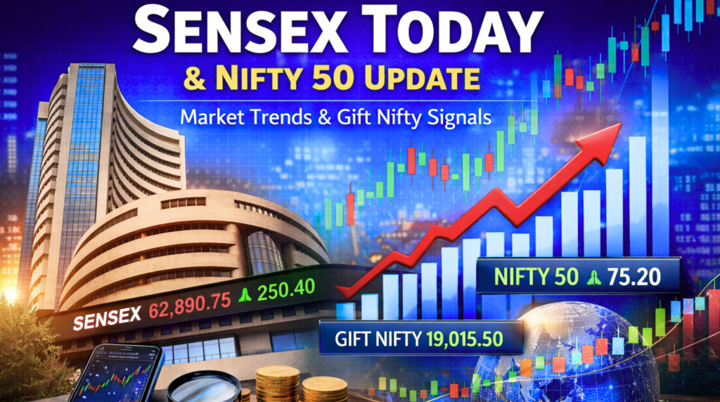 Sensex today and Nifty 50 stock market update showing BSE building with rising stock charts and Gift Nifty market trends